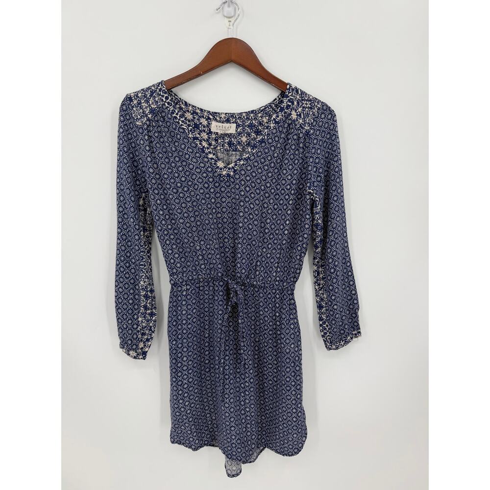 Velvet Graham Spencer Blue Print Tie Waist Shirt Dress Boho Size Small USA Made